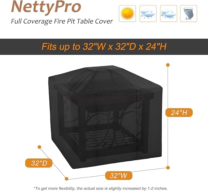 NettyPro Fire Pit Cover Square Waterproof Outdoor Firepit Cover for Gas Propane Fire Pit Table, 32 x 32 x 24 inch, Black