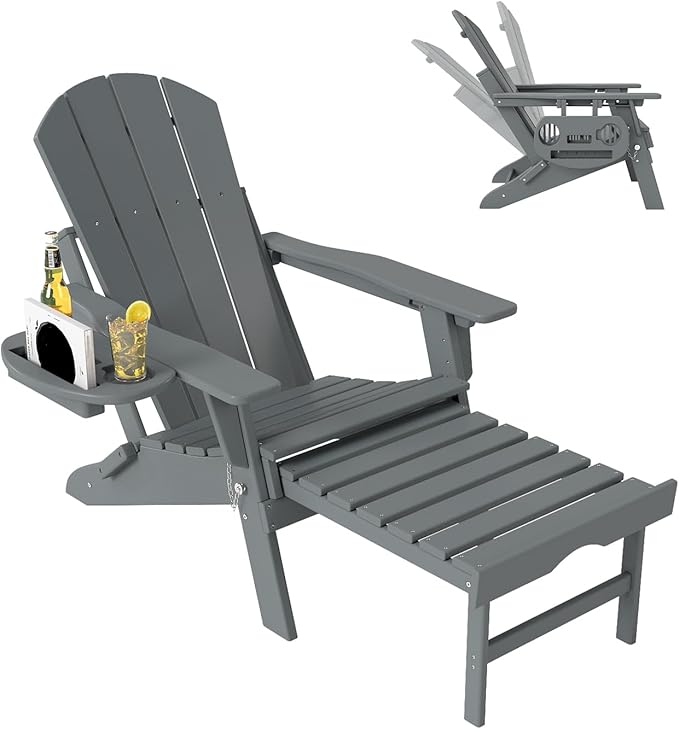 Adjustable Adirondack Chair with Retractable Ottoman, HDPE Folding Adirondack Chair with Cup Holder, All Weather Fire Pit Chair for Outdoor.