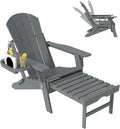 Adjustable Adirondack Chair with Retractable Ottoman, HDPE Folding Adirondack Chair with Cup Holder, All Weather Fire Pit Chair for Outdoor.