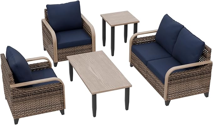 EAGLE PEAK Modern Wicker Outdoor Patio Furniture Set, Patio Conversation Set, 2 Chairs, 2-Seat Loveseat, Coffee Table and Side Table, 5 Pieces, Brown/Blue
