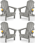 Ciokea Folding Adirondack Chair Wood Texture 4 Pack, Patio Adirondack Chair Weather Resistant, Plastic Fire Pit Chair with Cup Holder, Lawn Chair for Outdoor Porch Garden Backyard Deck (Grey)