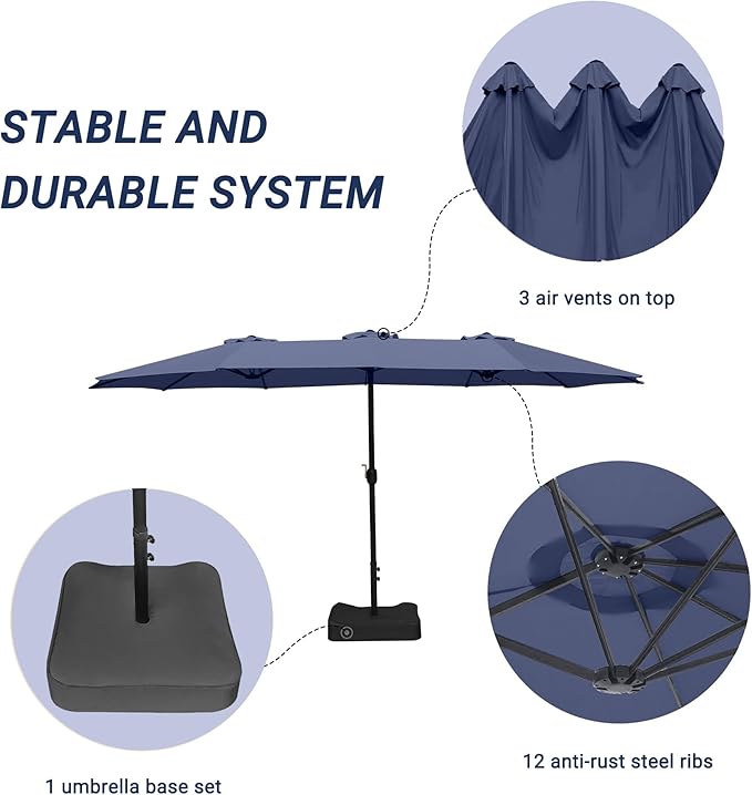 Bigroof 15ft x 9ft Patio Double-Sided Umbrella with Base & Crank, Extra Large Rectangular Outdoor Umbrella for Patio, Lawn & Garden, Beige