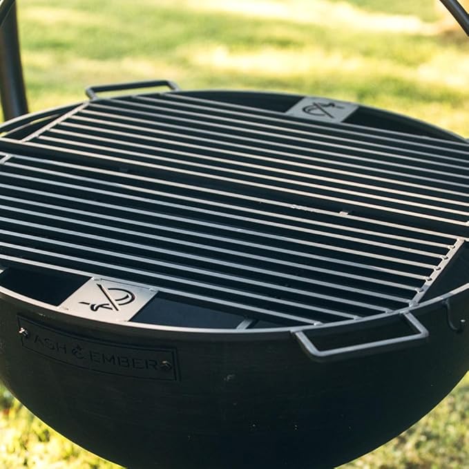 Ash & Ember 42" Cast Iron Cauldron Fire Pit Bowl, Double Hinged Grill Grate with Easy-Lift Handles, Handing Chain and Cauldron Stand, Round Wood Burning Patio Fire Bowl for Backyard Entertainment