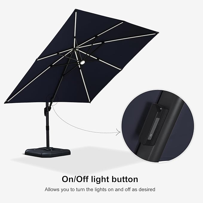PURPLE LEAF 10 Feet Patio Umbrella with Base Outdoor Cantilever Solar Powered LED Square Umbrella Aluminum Offset Umbrella with 360-degree Rotation for Garden Deck Pool Patio Navy