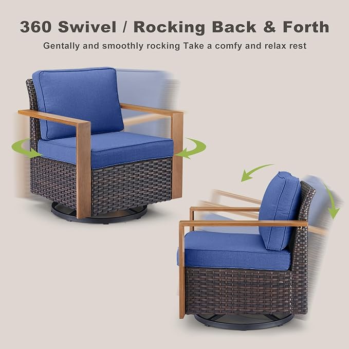 Rilyson Outdoor Wicker Patio Furniture Set - 5 Piece Patio Conversation Set with 2 Wicker Swivel Rocker Chairs,2 Rattan Ottoman and 1 Couch,Thick Cushions,Deep Seating,Wide Armrest(Brown/Blue)