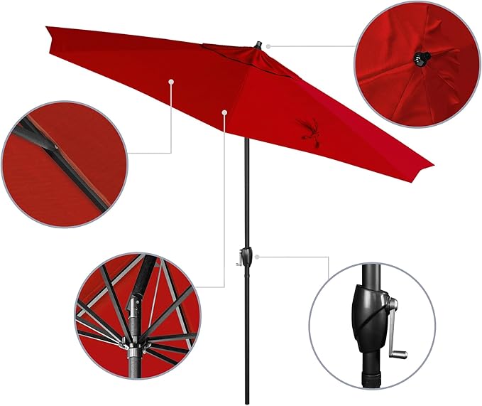California Umbrella 9' Rd Aluminum Patio Umbrella, Crank Lift, Auto Tilt, Black Finish, Sunbrella Jockey Red
