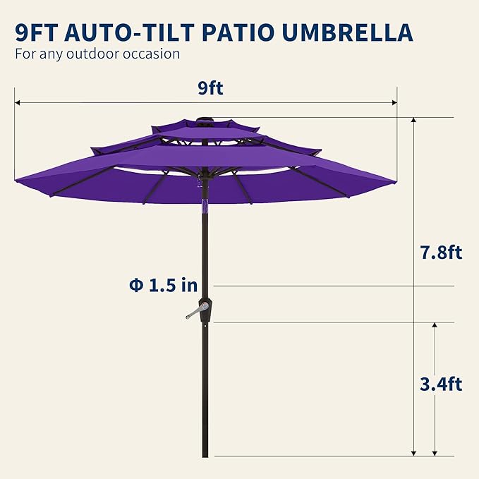 9FT 3 Tiers Patio Umbrella With Auto Tilt And Crank, Outdoor Table Market Umbrella with 8 Sturdy Ribs for Garden, Lawn, Deck, Backyard and Pool