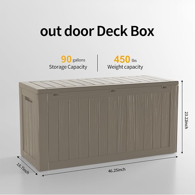 90 Gallon Deck Box Large Outdoor Storage for Patio Furniture,Outdoor Cushions,Garden Tools and Pool Supplies,Waterproof,Resin,Lockable(Grey,90 Gallon)