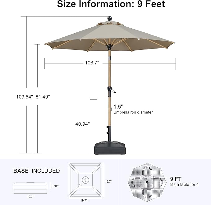 PURPLE LEAF 9 Feet Patio Umbrella with Base Market Umbrella Round Outdoor Umbrella with Push Button Tilt & Crank and 8 Ribs Aluminum Outdoor Table Umbrella for Garden Deck Balcony, Beige