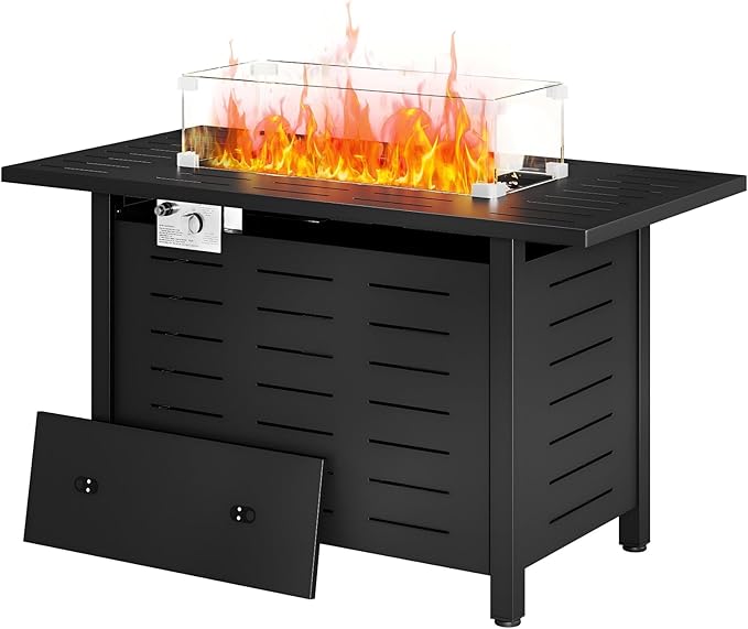 Aoxun 44" Propane Fire Pit Table– 60,000 BTU Outdoor Gas Fire Pits with Removable Lid & Waterproof Cover, Lava Rocks Rectangle Gas Firepit Table for Outside Patio Black