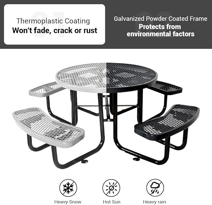Rueekfil 46" Thermoplastic Picnic Table with Umbrella Hole up to 1.5", Heavy Duty Commercial Picnic Table for Outdoor, Family & Party Ready for School Camping, Round, Black