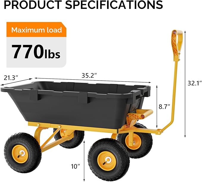 VINGLI Heavy Duty Dump Cart Wagon, 770LBS Quick-Release Dump Poly Wheelbarrow, 10in All-Terrain Pneumatic Tires Garden Wagon for Garden, Yard, Beach