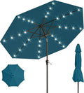 9FT Solar Umbrella 32 LED Lighted Patio Umbrella Table Market Umbrella w/Tilt and Crank, UV-Resistant Outdoor Umbrella for Pool, Garden, Deck, Lake Blue
