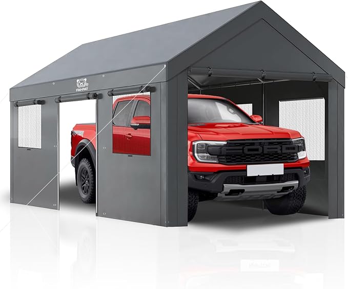 Heavy Duty 10x20 Carport, Waterproof UV Resistant Portable Garage Shelter with Rustproof Steel Frame, All Weather Protection for Vehicles Boats Equipment (Gray, 10x20ft)