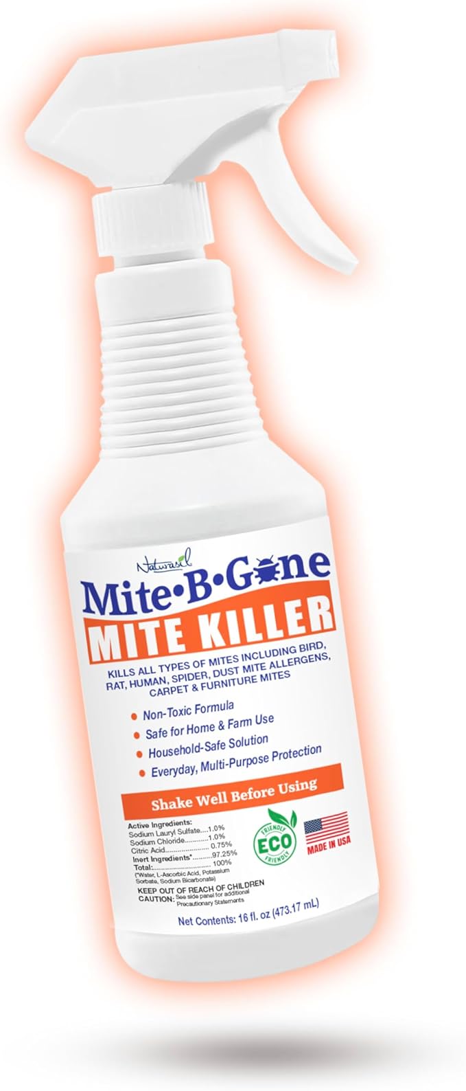Mite Killer Spray by Mite-B-Gone — Kills Human Mites, Bird, Dust, Spider, Rat, Turkey, Carpet Mites. Treatment for Homes, Furniture, Bedding, Auto & Animals | Non-Toxic | Kid & Pet Safe | 16oz Spray