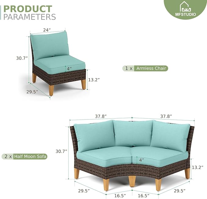 MFSTUDIO Wicker Patio Furniture Set, 5 Pieces Large All-Weather Rattan Outdoor Half-Moon Curved Sectional Sofa Set, Patio Conversation Set for Garden, 4 x Curved Sofa, 1 x Armless Couch(Aqua Blue)