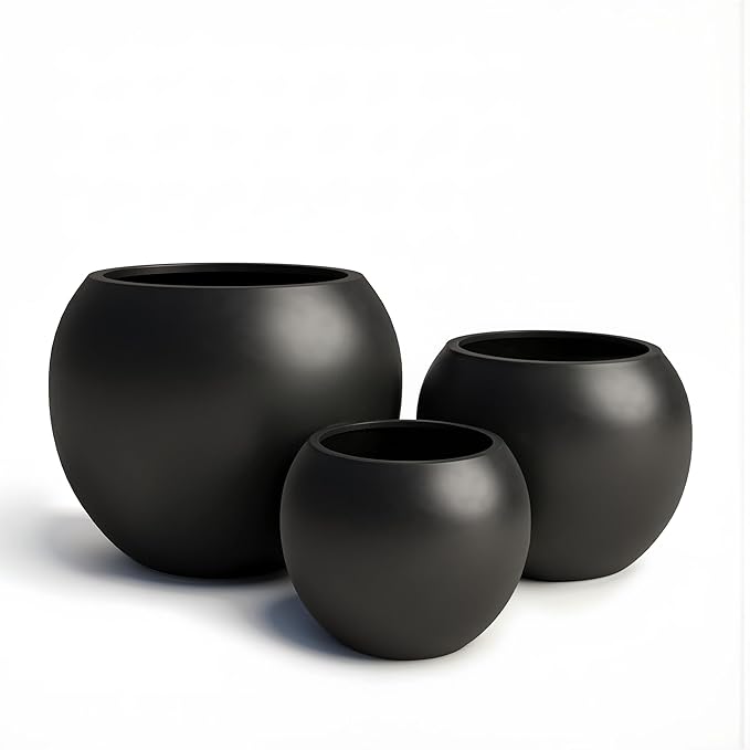 DTY Signature Mount Sherman Modern Indoor Outdoor Fiberstone Sphere Planter, Durable Round Garden Pot, Weather Resistant, Drainage Hole & Rubber Plug, Planter for Christmas Tree - Medium, Black