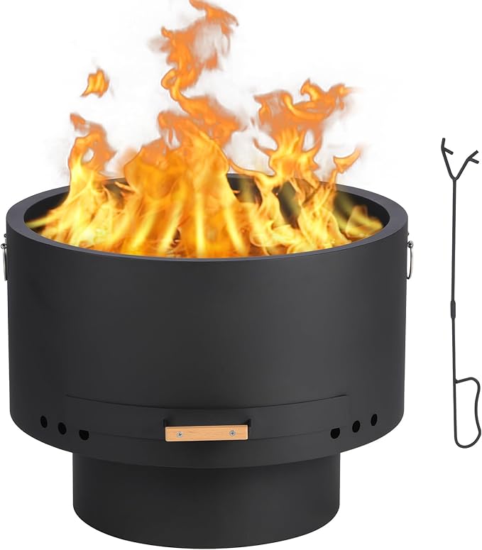 Garvee 26 in Smokeless Fire Pits, Wood Burning Firepits with Fire Poker, Outdoor Portable Fire Pits with Removable Ash Pan and Hardwood Top, Backyard Fireplace for Camping, Picnic and