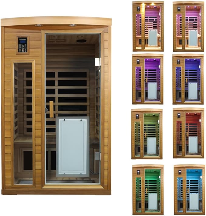 2 Person Low EMF Infrared Sauna for Home, Red Cedar Wood Far Infrared Saunas, 1750watt Indoor Personal Sauna Room with Door Heating Panels, Glass Door, Blue-tooth, Dual Control, Outdoor Lamps