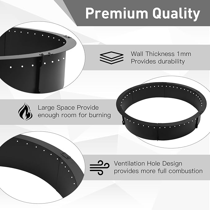 52 inch Fire Pit Ring,Large Round Insert Firepit for Outdoor Fire Liner smokeless fire Pit Metal Campfire Ring 52-Inch Outer/48-Inch Inner Diameter Above or In-Ground, Black