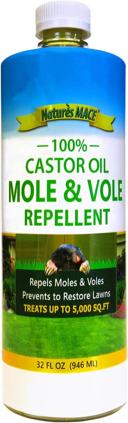 Nature's MACE Mole and Vole Mace, Mole Deterrent for Yard, 32 oz, Pure Castor Oil, Mole Repellent for Lawns, Stop Tunneling, Mole Remover Treatment, Castor Oil Repellent, People, Pet, Plant Safe