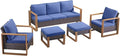 Rilyson Outdoor Wicker Patio Furniture Set - 5 Piece Patio Conversation Set with 2 Wicker Armrest Chairs,2 Rattan Ottoman and 1 Couch,Sturdy Frame,Thick Cushions,Deep Seating(Brown/Blue)