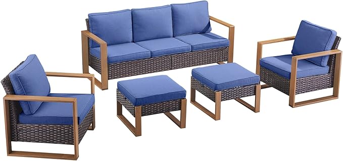 Rilyson Outdoor Wicker Patio Furniture Set - 5 Piece Patio Conversation Set with 2 Wicker Armrest Chairs,2 Rattan Ottoman and 1 Couch,Sturdy Frame,Thick Cushions,Deep Seating(Brown/Blue)