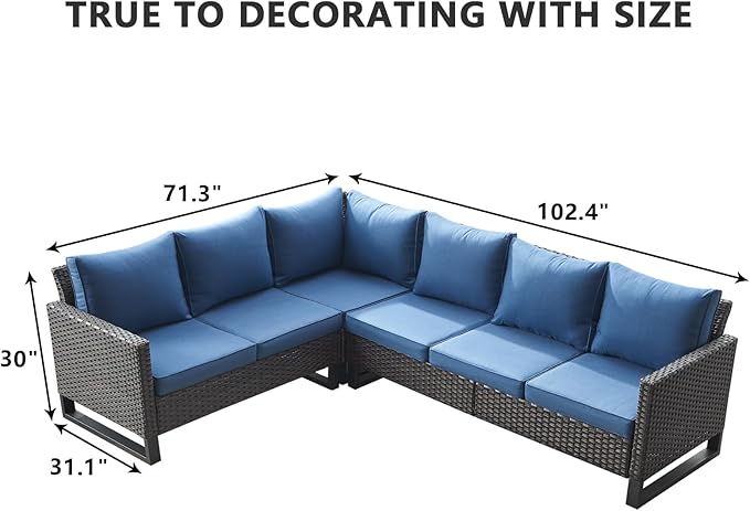 HUMMUH 8 Piece Patio Furniture Set PE Wicker Outdoor Sectional Sofa and Patio Swivel Chairs Outdoor Dining Table Ottomans for Porch,Garden,Backyard,Deck(Brown/Blue)