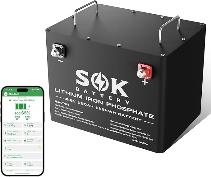 SOK Battery 12V 280Ah LiFePO4 Lithium Iron Phosphate Deep Cycle Battery, Low Temperature Disconnect Built-in Heater Perfect for Your RV or Solar and Wind Off-grid Applications