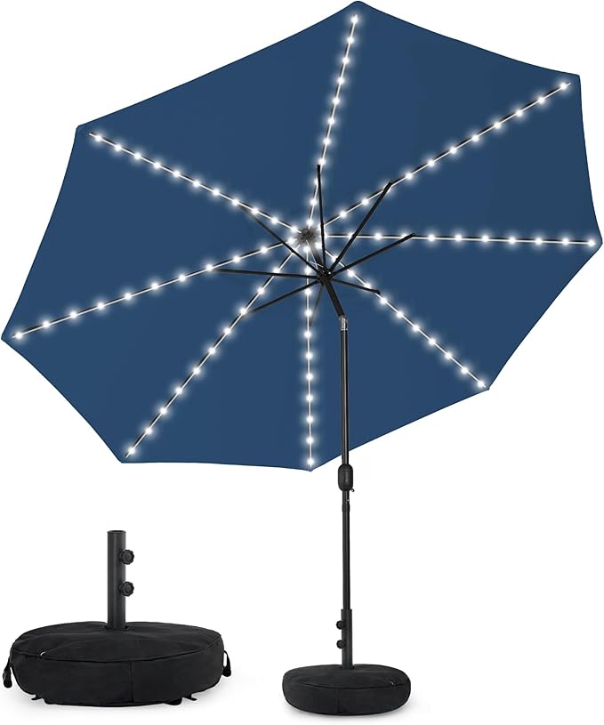 Sundale Outdoor Olefin 5-Year-Non-Fading Solar 88 LED 10FT Solar Patio Umbrella with Sand Bag Base, Outdoor Umbrella with Tilt and Crank, Navy