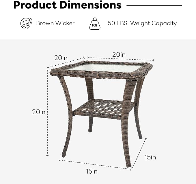 Belord Handwoven Wicker Side Table - 20 Inch Small Outdoor Table 2 Tier Storage with Tempered Glass Top, All Weather Outdoor Patio End Tables for Deck Balcony Outside Brown