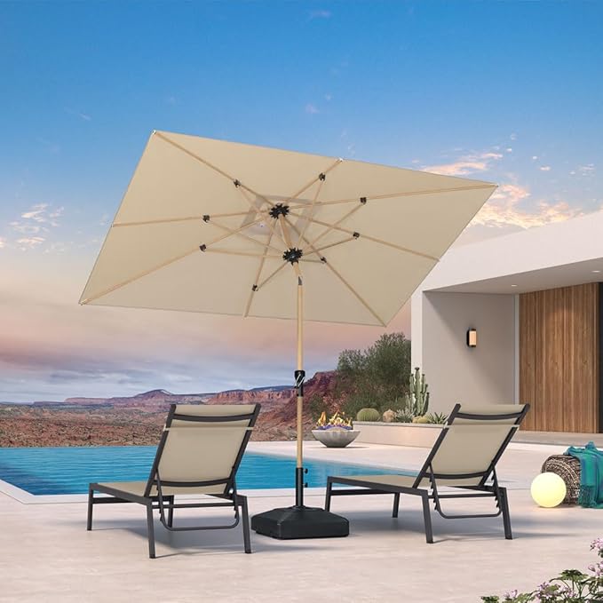 PURPLE LEAF 6' x 9' Patio Umbrella with Base Market Umbrella Rectangular Outdoor Umbrella with Push Button Tilt & Crank and 8 Ribs Aluminum Table Umbrella for Pool Backyard Beach, Beige