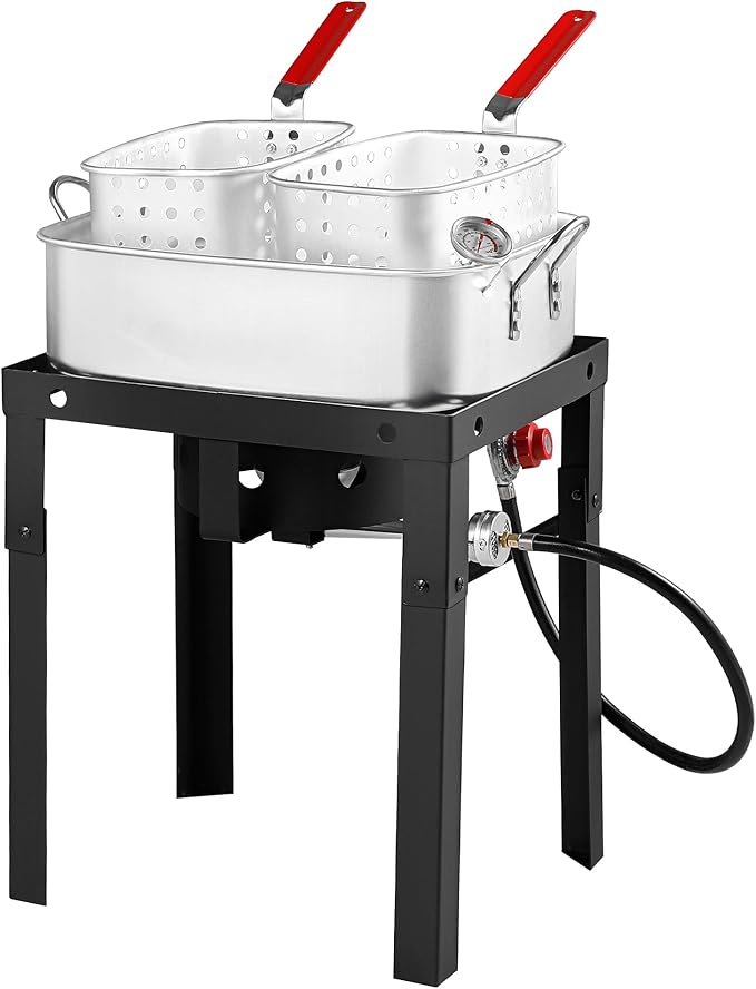 Propane Deep Fryer with 18Qt Square Deep Fryer Pot – High Grade Strainer Basket Aluminum Pot for Fish Fry, Seafood Pot – Propane Burners for Outdoor Cooking Include Thermometer-OT18-2