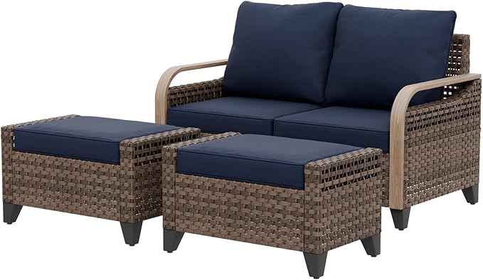 EAGLE PEAK Modern Wicker Outdoor Patio Furniture Set, Patio Conversation Set, a 2-Seat Loveseat and 2 Ottomans, 3 Pieces, Brown/Blue