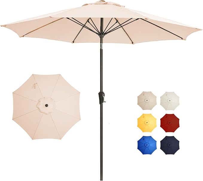 9FT Large Outdoor Patio Umbrella Market Table Umbrella-UV Resistant, Easy Push Button Tilt and Crank, 8 Sturdy Ribs Heavy-Duty Pool Umbrella for Deck, Backyard,Garden,Beige