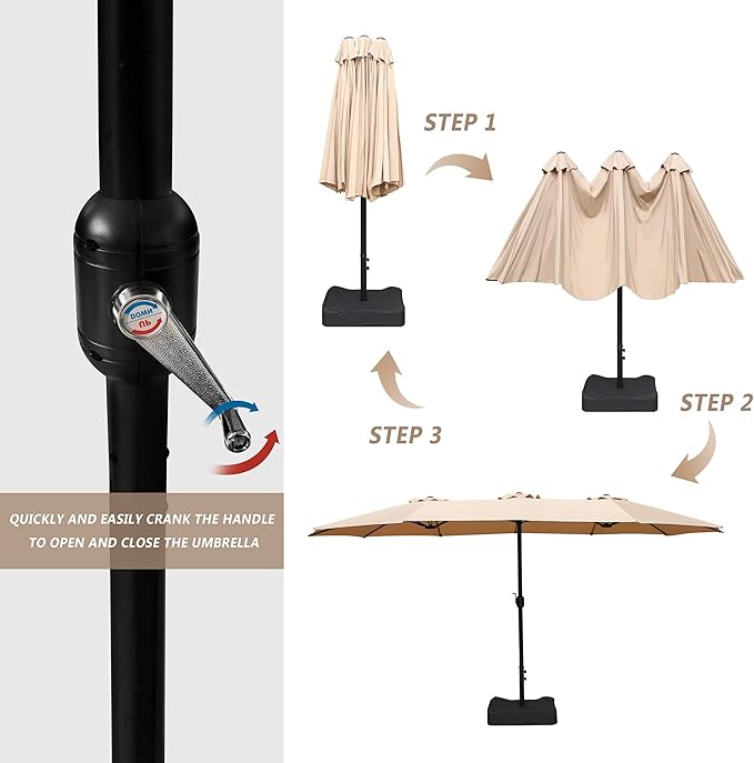 Bigroof 15ft x 9ft Patio Double-Sided Umbrella with Base & Crank, Extra Large Rectangular Outdoor Umbrella for Patio, Lawn & Garden, Beige