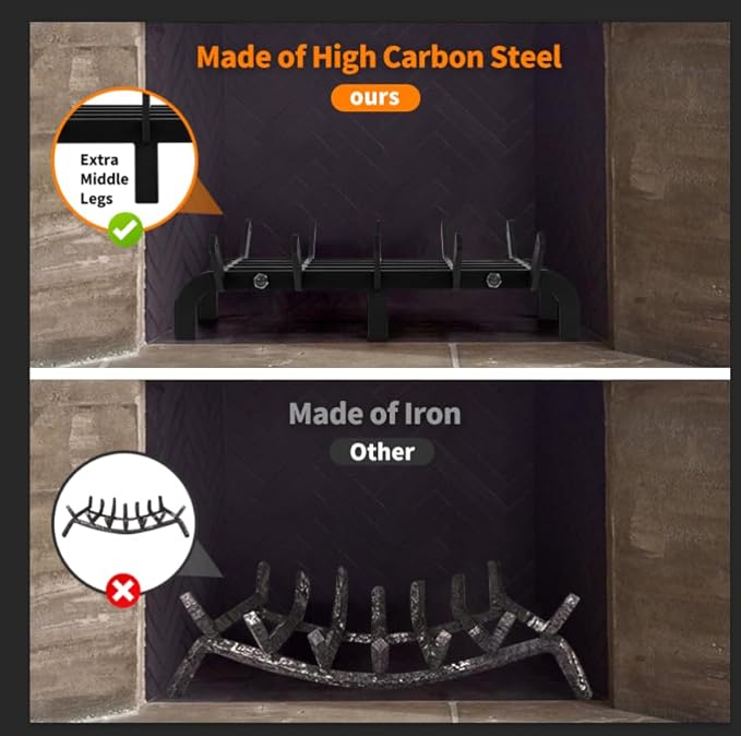 Fireplace Grates, 16 Inch Fireplace Grate Heavy Duty High Carbon Steel Fireplace Log Grate for Indoor Outdoor Firewood Stove Log Holder Rack Wood Burning Fireplace Accessories