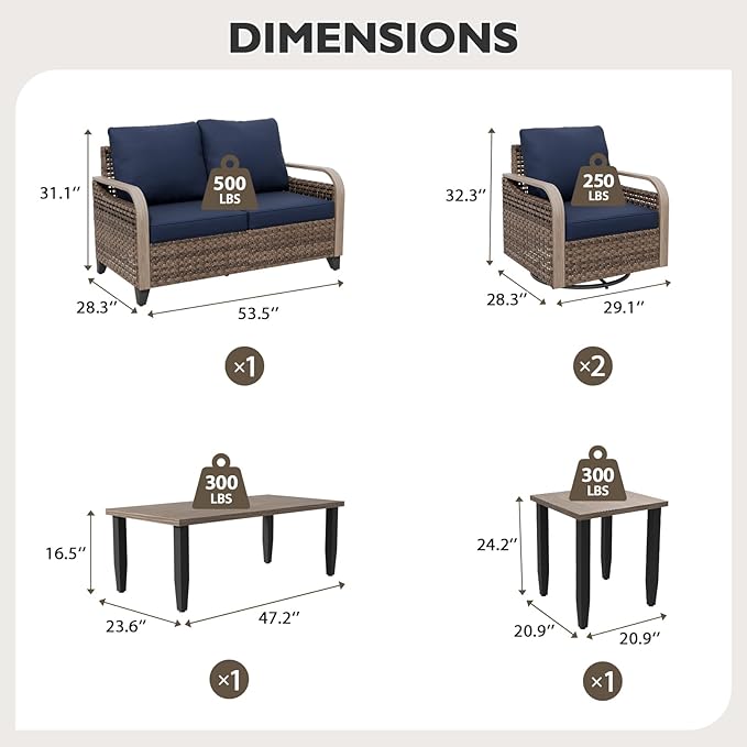 EAGLE PEAK Modern Wicker Outdoor Patio Furniture Set, Patio Conversation Set, 2 Swivel Rocking Chairs, 2-Seat Loveseat, Coffee Table and Side Table, 5 Pieces, Brown/Blue