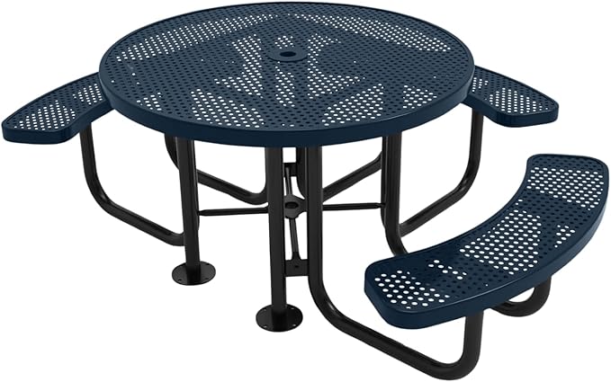 COATEDOUTDOORFURNITURE Heavy-Duty Portable Outdoor Picnic Table with Umbrella Hole, Punched Steel Patio Dining Furniture Made in America (46" Round Top, Dark Blue)