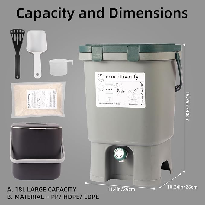 Bokashi Compost Bin, 4.7 Gallon Bokashi Composter with Bokashi Bran, Indoor Compost Bin, Kitchen Countertop Compost Bin with Lid, Kitchen Composter, Outdoor Bokashi Composter Starter