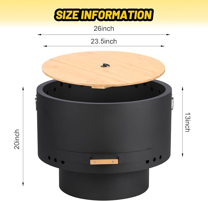Garvee 26 in Smokeless Fire Pits, Wood Burning Firepits with Fire Poker, Outdoor Portable Fire Pits with Removable Ash Pan and Hardwood Top, Backyard Fireplace for Camping, Picnic and