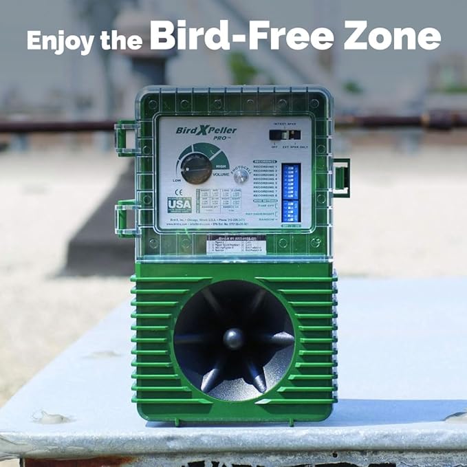Bird-X BirdXPeller Pro Electronic Bird Preventer Version 2, Sonic Decoy Device, Perfect for Crows, Blackbirds, Grackles, Cormorants, and Ravens, Covers up to 1 Acre, 3-5 kHz Frequency