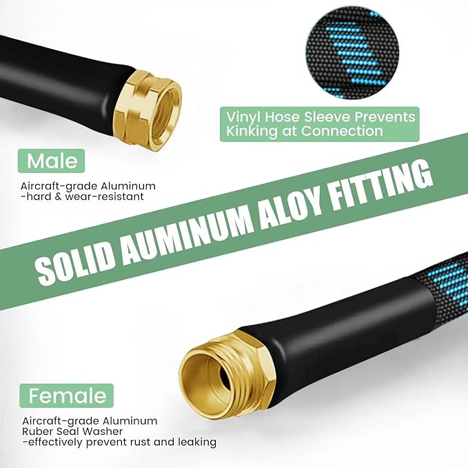 Non-Expanding Garden Hose 150ft,flexible, lightweight hose is resistant to kinks and tangles.With 10-way nozzle, strong 3/4” metal fittings.