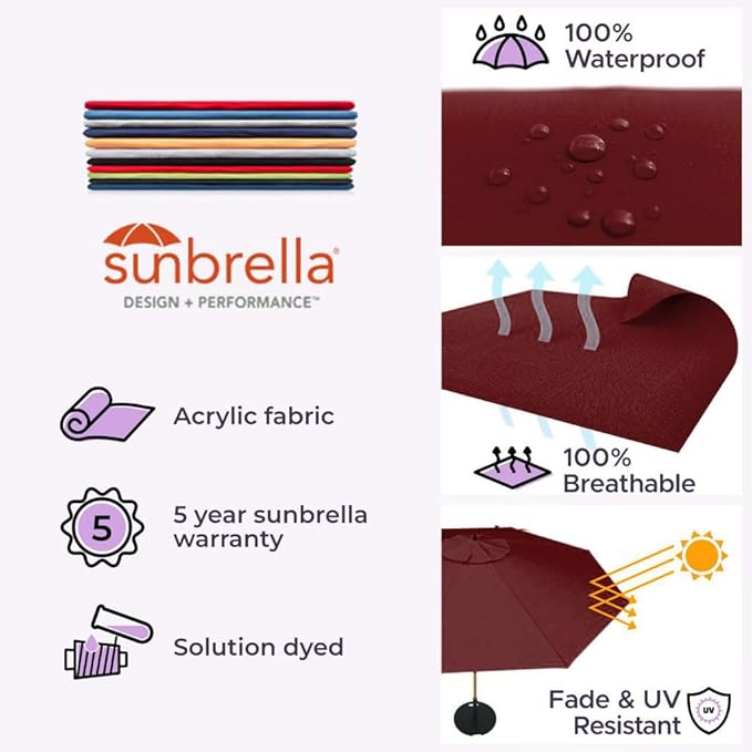 Midtown Umbrellas Push Pop Sunbrella Umbrella 9 Feet Outdoor Umbrella in Burgundy Fabric - Patio Umbrella, Backyard Umbrella, Garden Umbrella, Picnic Table Umbrella & Pool Umbrella - Black Pole