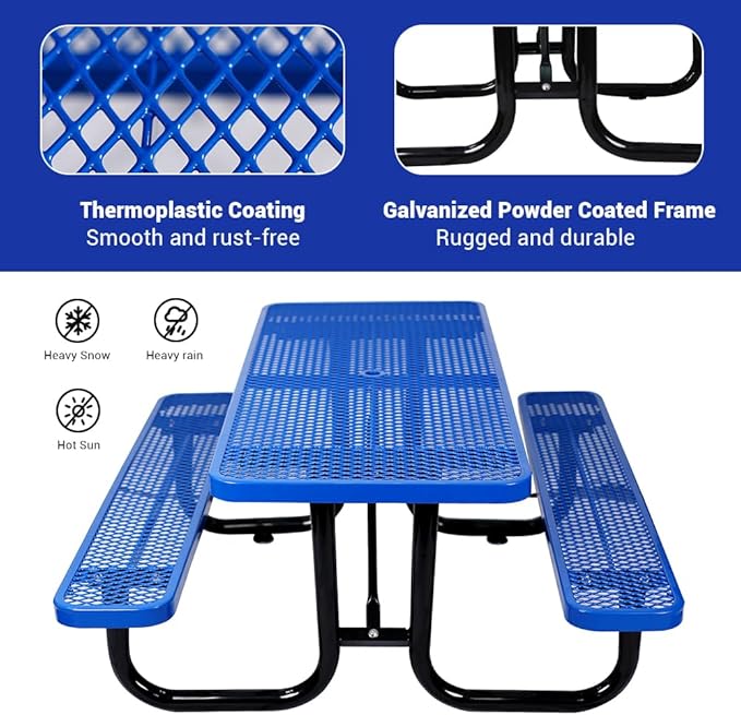 Rueekfil 72" Thermoplastic Picnic Table with Umbrella Hole up to 1.5", Heavy Duty Commercial Picnic Table for Outdoor, Family & Party Ready for School Camping, Rectangular, Blue