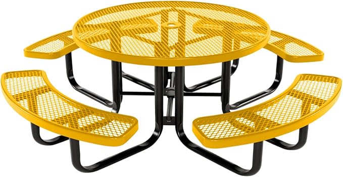 COATEDOUTDOORFURNITURE Heavy-Duty Portable Outdoor Kids Table with Umbrella Hole, Expanded Metal Kids Picnic Table, Commercial-Grade, Made in America (46 in, Round, Childrens, Textured Yellow)