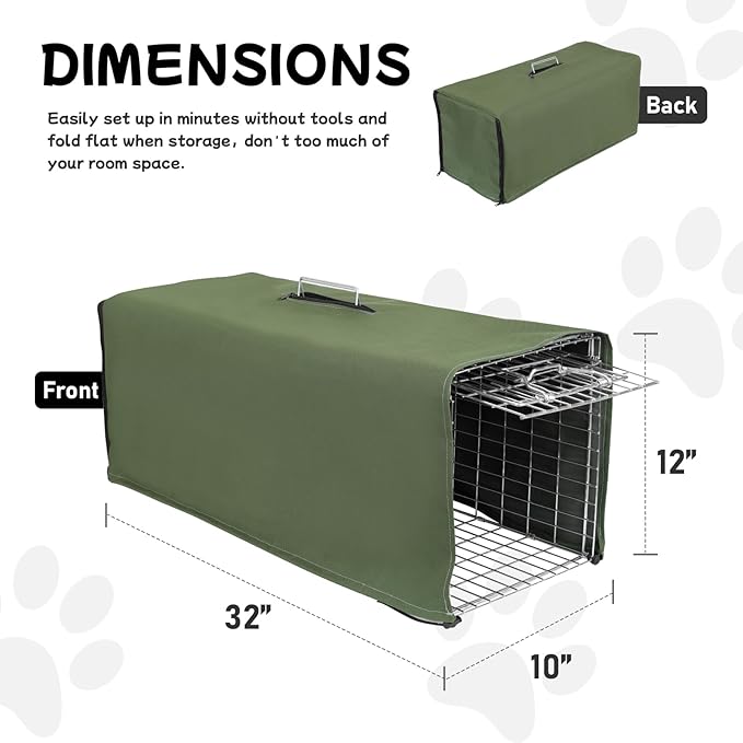 Trap Cage Cover,ONLY Cover, Cage not Included, Heavy Duty Animal Trap Cage Cover Small Animal Trap Cover for 1-Door Humane Cat Trap 32 x 10 x 12inch (Army Green，ONLY Cover, Cage not Included)