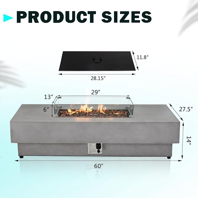 60" Rectangular Propane Fire Pit – 50,000 BTU Concrete Fire Pit with Glass Wind Guard – Backyard Firepits Outdoor – Gas Fireplace for Deck or Patio