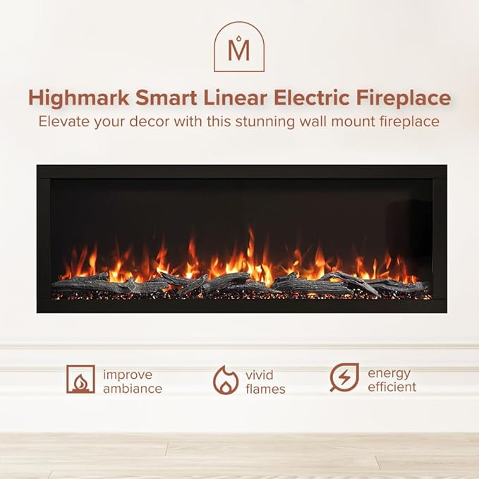 Modern Ember Highmark 50 Inch Smart Linear Electric Fireplace - Premium Flame with 10 Colors, Sleek Hidden Vent Design, Install Recessed in-Wall or Wall-Mount, WiFi Enabled