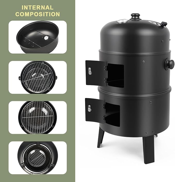 HALNYHYFD Charcoal BBQ Smoker, 16 Inch Heavy Duty Grill with 2 Cooking Area and Thermometer, 4 In 1 Vertical Smokers Grill for Outdoor Camping Backyard Picnic Party
